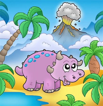 prehistoric cartoon trees - Cartoon dinosaur with volcano - color illustration. Stock Photo - Budget Royalty-Free & Subscription, Code: 400-04235825