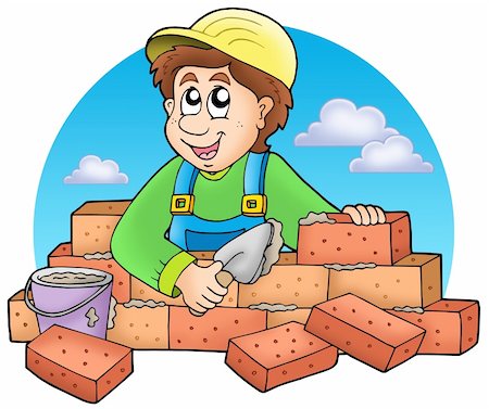 Cartoon bricklayer with clouds - color illustration. Stockbilder - Microstock & Abonnement, Bildnummer: 400-04235823