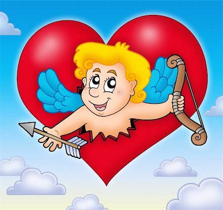 Cupid lurking from heart on sky - color illustration. Stock Photo - Budget Royalty-Free & Subscription, Code: 400-04235837