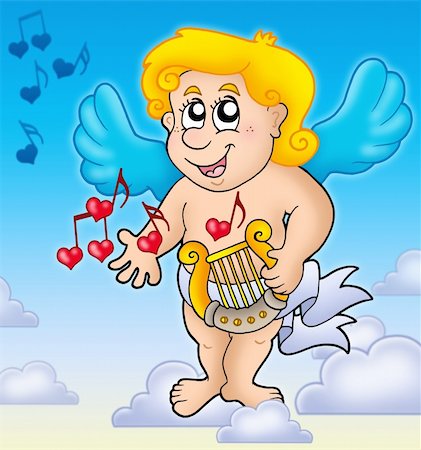 simsearch:400-04267372,k - Cupid playing harp on sky - color illustration. Photographie de stock - Aubaine LD & Abonnement, Code: 400-04235838