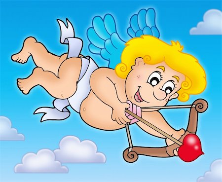 simsearch:400-05686867,k - Cupid shooting from bow on sky - color illustration. Stock Photo - Budget Royalty-Free & Subscription, Code: 400-04235839