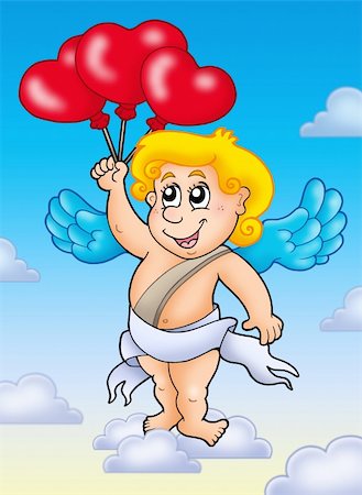 simsearch:400-04267372,k - Cupid with balloons on blue sky - color illustration. Photographie de stock - Aubaine LD & Abonnement, Code: 400-04235840