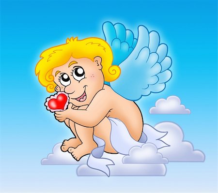 simsearch:400-05913687,k - Cupid with heart on blue sky - color illustration. Foto de stock - Super Valor sin royalties y Suscripción, Código: 400-04235843