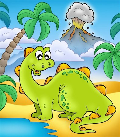 prehistoric cartoon trees - Cute dinosaur with volcano - color illustration. Stock Photo - Budget Royalty-Free & Subscription, Code: 400-04235851