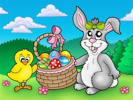 painted happy flowers - Cute Easter bunny and chicken - color illustration. Stock Photo - Budget Royalty-Free & Subscription, Code: 400-04235852