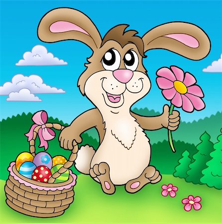 painted happy flowers - Cute Easter bunny on meadow - color illustration. Stock Photo - Budget Royalty-Free & Subscription, Code: 400-04235853