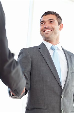 simsearch:400-04606211,k - Happy businessmen shaking hands standing in the office at work Stockbilder - Microstock & Abonnement, Bildnummer: 400-04235866