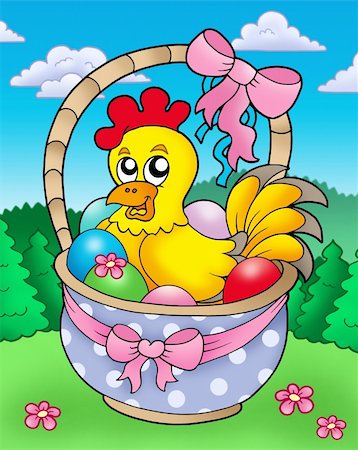 painted happy flowers - Easter basket with happy chicken - color illustration. Stock Photo - Budget Royalty-Free & Subscription, Code: 400-04235861