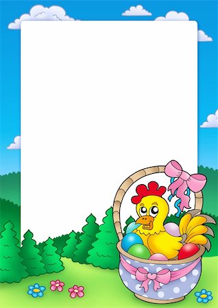 painted happy flowers - Easter frame with basket and chicken - color illustration. Stock Photo - Budget Royalty-Free & Subscription, Code: 400-04235863