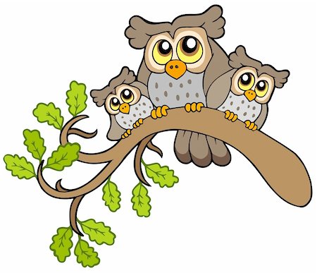 forest cartoon illustration - Three cute owls on branch - vector illustration. Foto de stock - Super Valor sin royalties y Suscripción, Código: 400-04236088