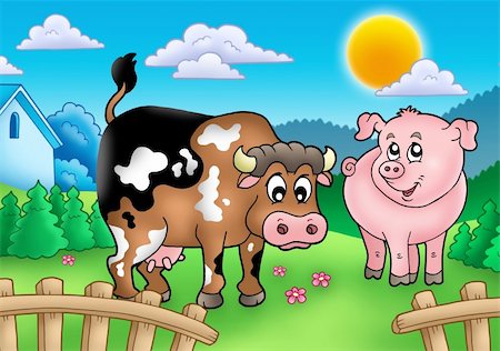 simsearch:400-04235699,k - Cartoon cow and pig behind fence - color illustration. Foto de stock - Royalty-Free Super Valor e Assinatura, Número: 400-04236138