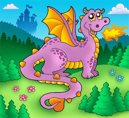fairy tale characters how to draw - Big purple dragon with old castle - color illustration. Stock Photo - Budget Royalty-Free & Subscription, Code: 400-04236131