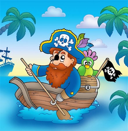 simsearch:400-08160274,k - Cartoon pirate paddling in boat - color illustration. Foto de stock - Super Valor sin royalties y Suscripción, Código: 400-04236148