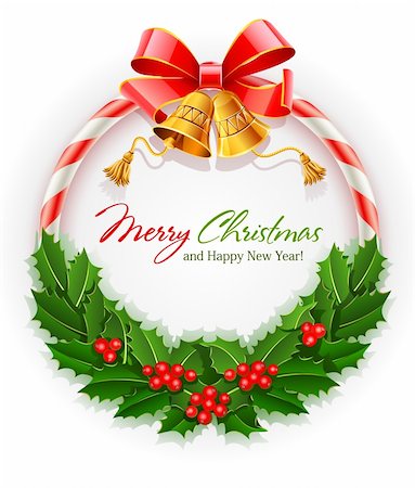red ribbon and plant - christmas wreath with bow and gold bell vector illustration isolated on white background Foto de stock - Super Valor sin royalties y Suscripción, Código: 400-04236156