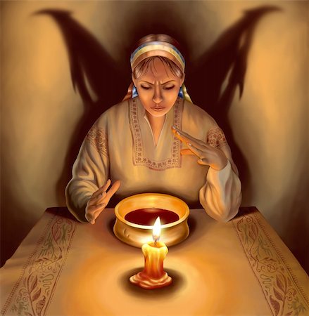 simsearch:400-09132992,k - Witch dressed in traditional Ukrainian (Russian) clothes casting spells, with shadow in the form of demonic wings behind her, illustration Stock Photo - Budget Royalty-Free & Subscription, Code: 400-04236170