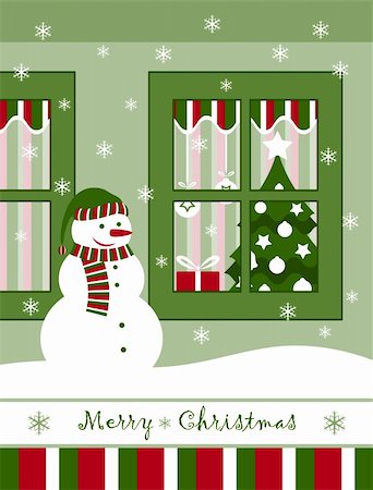 snowflakes on window - vector snowman and christmas window, Adobe Illustrator 8 format Foto de stock - Super Valor sin royalties y Suscripción, Código: 400-04236658