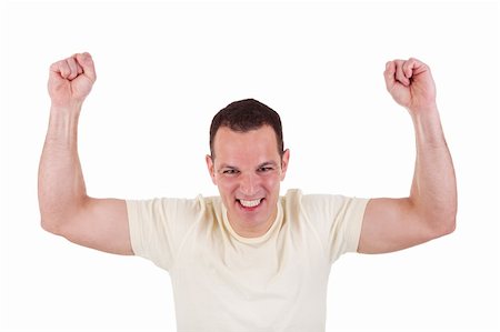 simsearch:400-04575209,k - Portrait of a happy  man with his arms raised, on white background. Studio shot Foto de stock - Royalty-Free Super Valor e Assinatura, Número: 400-04236677