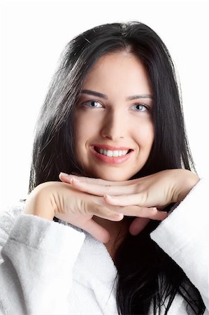 simsearch:400-05112444,k - portrait of fresh and beautiful brunette woman on white background wearing white bathrobe Stock Photo - Budget Royalty-Free & Subscription, Code: 400-04236711