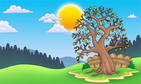 forest cartoon illustration - Leafy tree in autumn landscape - color illustration. Foto de stock - Super Valor sin royalties y Suscripción, Código: 400-04236774
