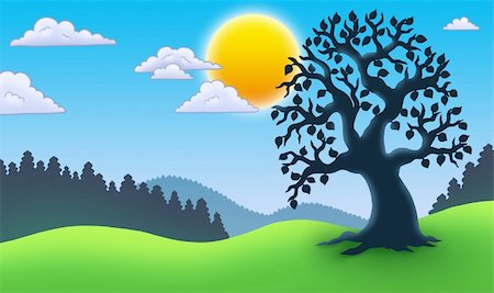 simsearch:400-04267385,k - Leafy tree silhouette in landscape - color illustration. Stockbilder - Microstock & Abonnement, Bildnummer: 400-04236775