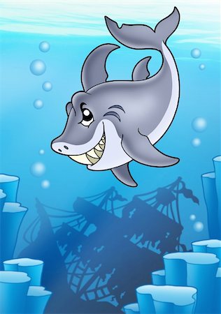 sea animals cartoon shark - Shark with mysterious shipwreck - color illustration. Stock Photo - Budget Royalty-Free & Subscription, Code: 400-04236798