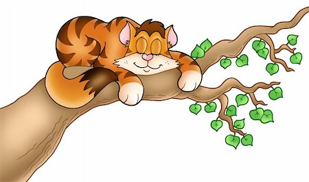 simsearch:400-04628759,k - Sleeping cat on tree branch - color illustration. Foto de stock - Super Valor sin royalties y Suscripción, Código: 400-04236799