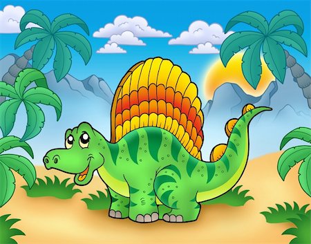 prehistoric cartoon trees - Small dinosaur in landscape - color illustration. Stock Photo - Budget Royalty-Free & Subscription, Code: 400-04236800