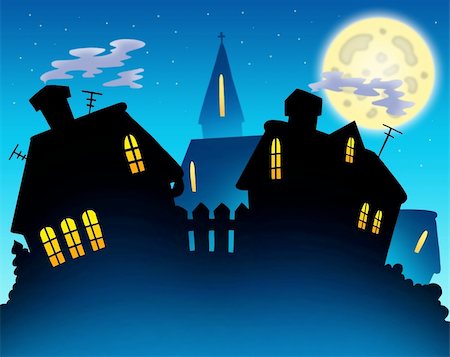 rooftop silhouette - Village skyline night silhouette - color illustration. Stock Photo - Budget Royalty-Free & Subscription, Code: 400-04236810