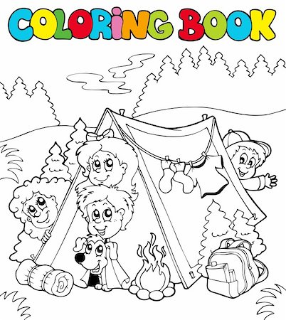 simsearch:400-05686866,k - Coloring book with camping kids - vector illustration. Fotografie stock - Microstock e Abbonamento, Codice: 400-04236829