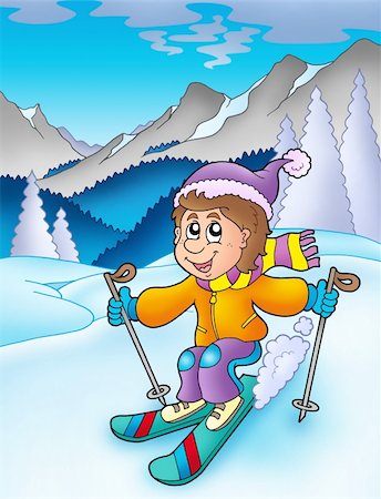 skiing mountain cartoon drawing - Skiing boy in mountains - color illustration. Stock Photo - Budget Royalty-Free & Subscription, Code: 400-04236867