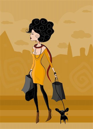 fashion dog cartoon - Fashion lady on the walk to the shops with a small dog Stock Photo - Budget Royalty-Free & Subscription, Code: 400-04236936