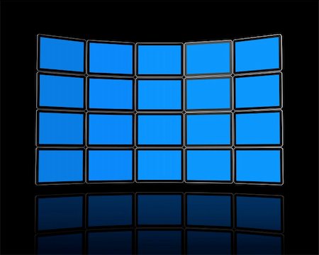 3D panel / Wall of flat tv screens, isolated on black. With 2 clipping paths : global scene clipping path and screens clipping path to place your designs or pictures. Foto de stock - Super Valor sin royalties y Suscripción, Código: 400-04237626