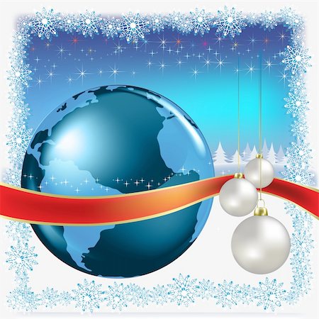 christmas white balls with globe on blue background Stock Photo - Budget Royalty-Free & Subscription, Code: 400-04237759