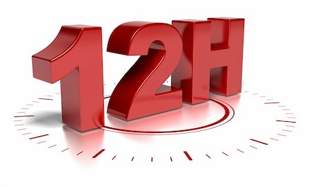 12H written in 3d over a clock symbol - text words are red and the background is white there is blurred reflection Photographie de stock - Aubaine LD & Abonnement, Code: 400-04237904
