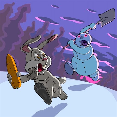 rabbit run - Snowman is trying to catch a hare who stole his carrot Stock Photo - Budget Royalty-Free & Subscription, Code: 400-04238147