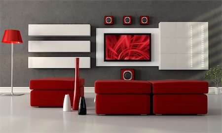 elegant tv room - modern living room with home theater system - the image on screen is a my composition Stock Photo - Budget Royalty-Free & Subscription, Code: 400-04239216