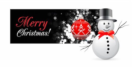 simsearch:400-08299399,k - Christmas card with snowman and tree sphere on black Stockbilder - Microstock & Abonnement, Bildnummer: 400-04239381