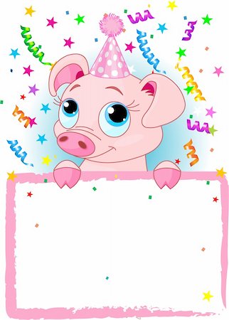 Adorable Piglet Wearing A Party Hat, Looking Over A Blank Starry Sign With Colorful Confetti Stock Photo - Budget Royalty-Free & Subscription, Code: 400-04239561