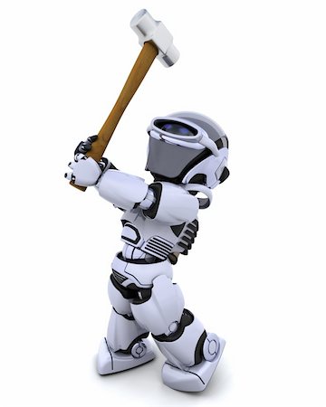 simsearch:400-04310985,k - 3D render of robot with a sledge hammer Stock Photo - Budget Royalty-Free & Subscription, Code: 400-04239910