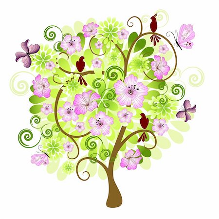 simsearch:400-04239996,k - Spring isolated tree on a white background with flowers, birds and butterflies for design (vector) Photographie de stock - Aubaine LD & Abonnement, Code: 400-04239955