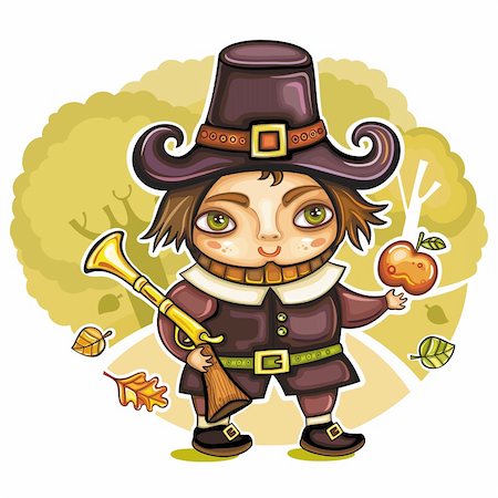 dianka (artist) - Thanksgiving holiday theme: Pilgrim boy in the autumn forest. Raffle, apple, falling leaves. Stockbilder - Microstock & Abonnement, Bildnummer: 400-04230158