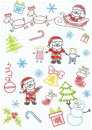 santa claus sleigh flying - Vector drawings - Santa Claus and children. Sketch on notebook page Stock Photo - Budget Royalty-Free & Subscription, Code: 400-04230517
