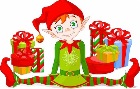 Christmas Elf sitting with  a pile of gifts Stock Photo - Budget Royalty-Free & Subscription, Code: 400-04230749