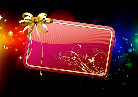 simsearch:400-05695809,k - Vector illustration of red decorated gift card with golden ribbon and bow on the abstract blurred magic neon light background Stock Photo - Budget Royalty-Free & Subscription, Code: 400-04230798