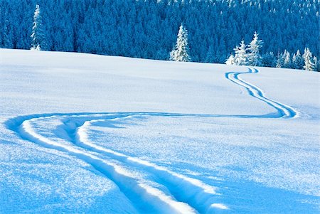 simsearch:400-04639977,k - Ski trace on snow surface and winter mountain fir forest behind. Photographie de stock - Aubaine LD & Abonnement, Code: 400-04231007