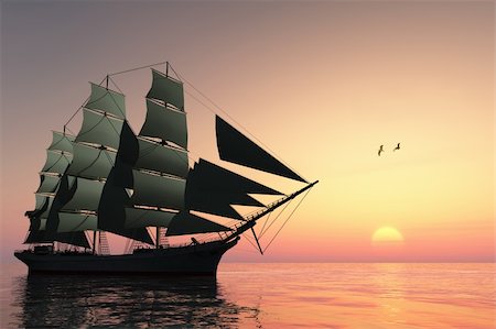 A tall clipper ship sails on calm waters at sunset. Stockbilder - Microstock & Abonnement, Bildnummer: 400-04231571