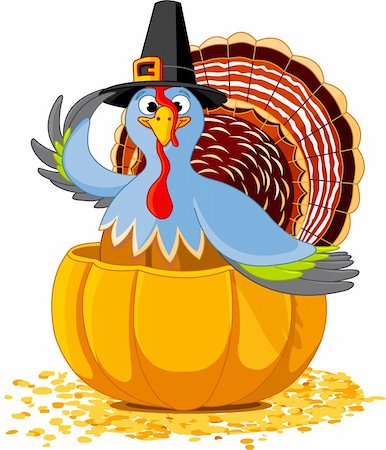 Illustration of a Thanksgiving turkey with pilgrim hat in the  pumpkin Stock Photo - Budget Royalty-Free & Subscription, Code: 400-04231668
