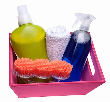 Collection of cleaning supplies for annual spring cleaning.  Isolated on white with a clipping path. Stock Photo - Budget Royalty-Free & Subscription, Code: 400-04231662