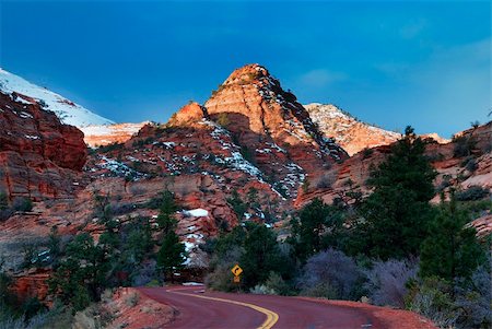 Zion National Park in the morning with red rocks, road and snow in winter, Utah. Stock Photo - Budget Royalty-Free & Subscription, Code: 400-04231814