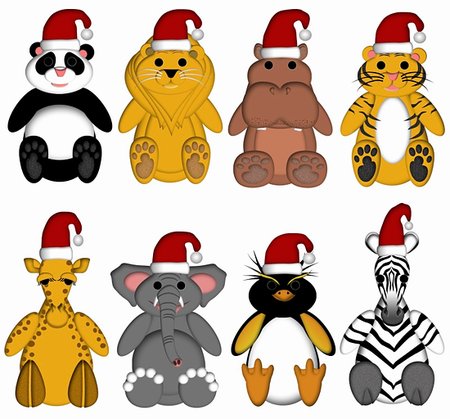 red pandas - Christmas Wildlife Zoo Animals with Santa Hat on White Background Drawings Stock Photo - Budget Royalty-Free & Subscription, Code: 400-04232442